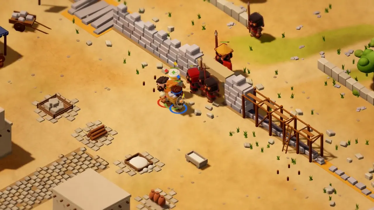 Gameplay clip poster. Gameplay: the crew holds a half-built stretch of wall while raiders close in.