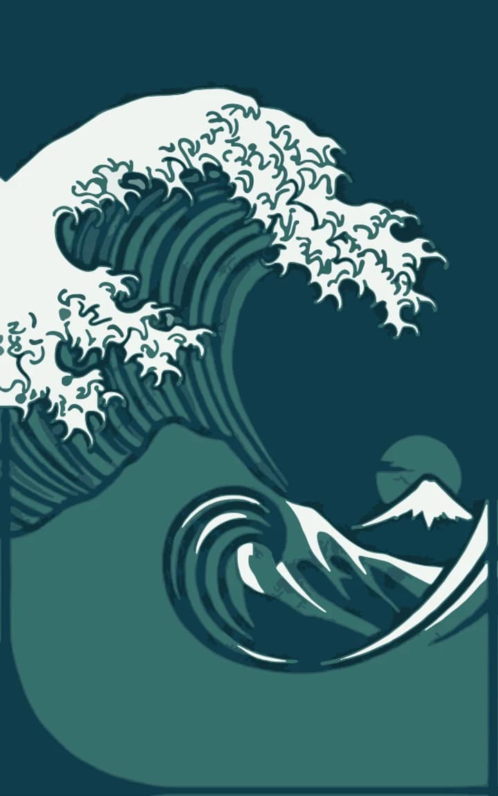 The Takiko Games wave: a great wave curling over a small mountain and a rising sun.