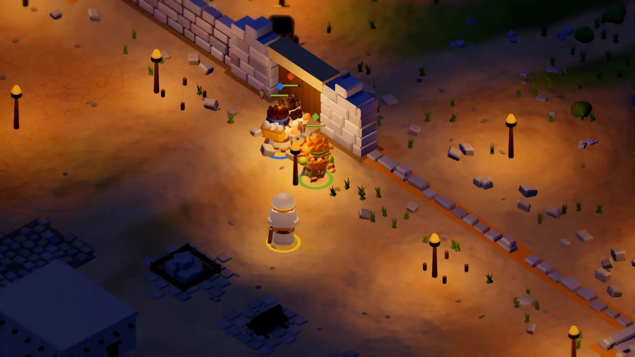 The crew keeps building by torchlight after dark.